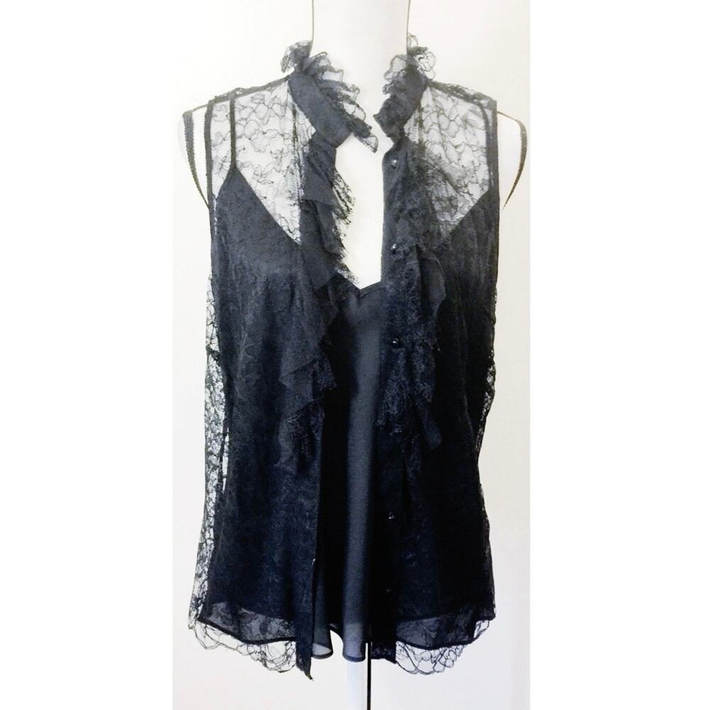 Vintage Lauren by Ralph Lauren Black Lace Ruffle Blouse & Cami Set - Size XL